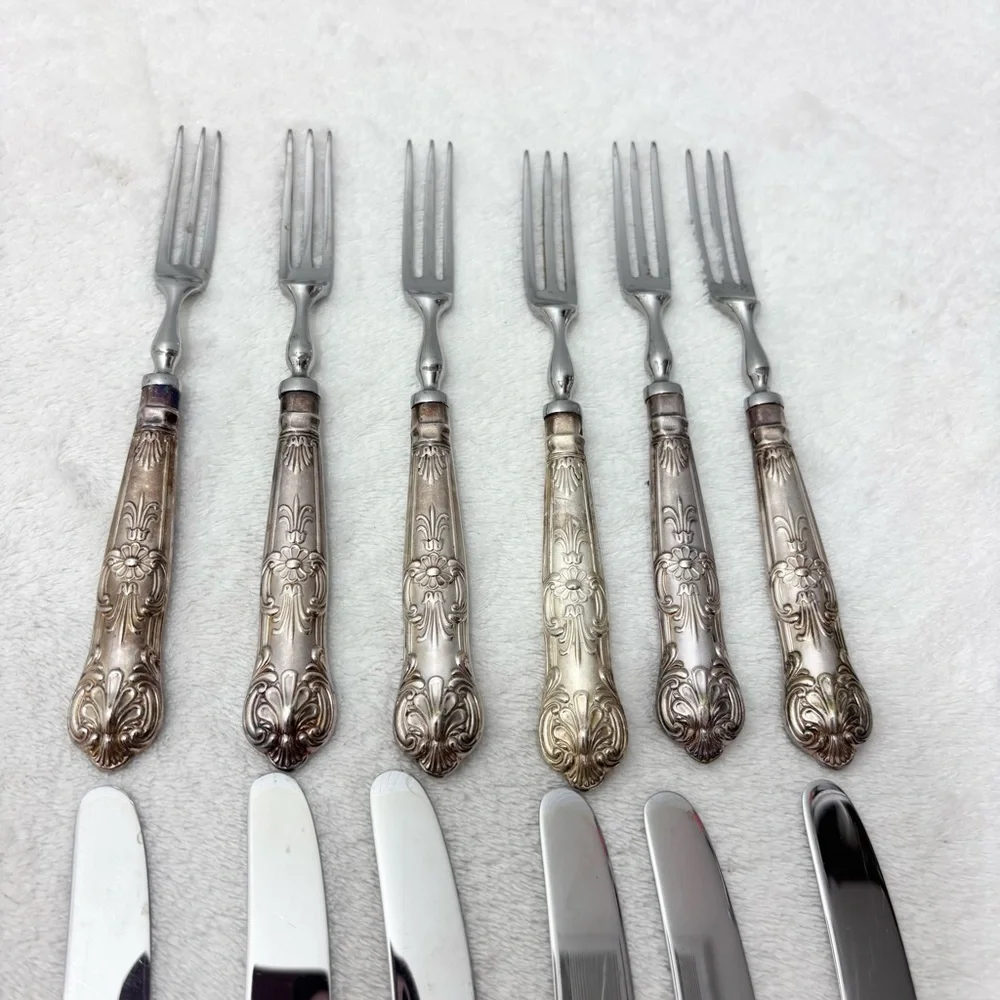 Vintage SHEFFIELD Stainless Steal Ornate Silverware‎ Set Decorative Handles 12